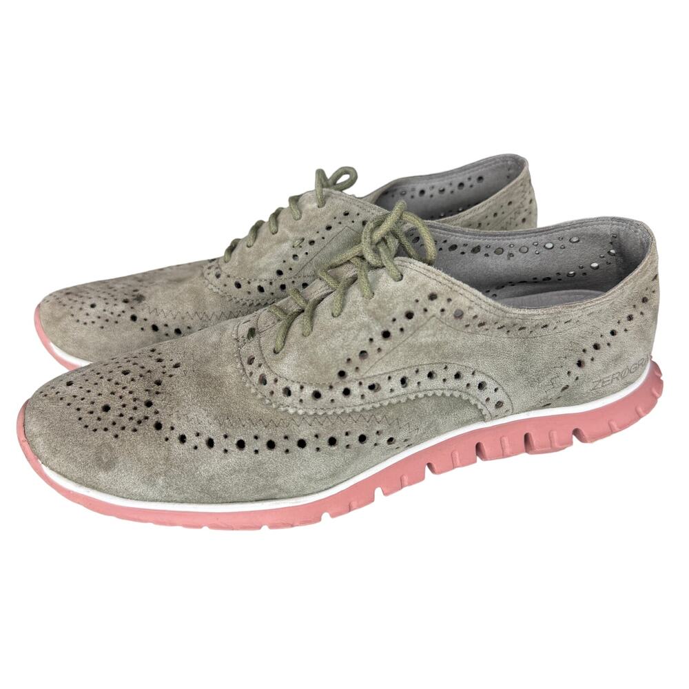 Cole Haan Womens Zerogrand Wingtip Oxfords Shoes Lace-Up Grey Suede Pink Sz 6.5B